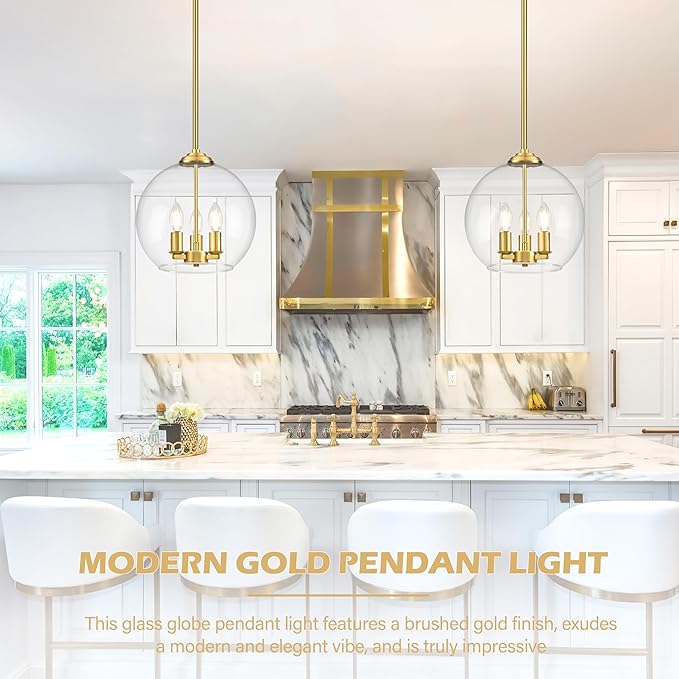 12" Gold Pendant Lights 2 Pack Glass Globe Pendant Light Fixture Bedroom Mid Century Modern Pendant Lighting Brass Pendant Light for Kitchen Island Bedroom Living Room (Bulb Incl.)