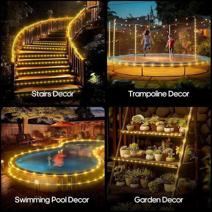 ICRGB Solar Rope Lights Outdoor, 39FT 100 LED Solar Rope Lights,IP67 Waterproof, 8 Modes, Outdoor Patio Porch Tree Wedding Christmas Pool Garden Decorative -Warm White