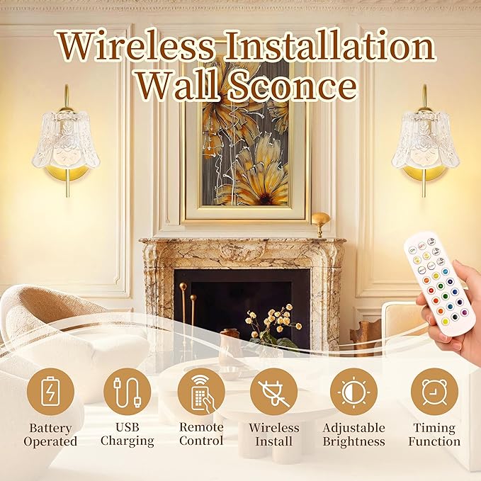 Wireless Wall Sconce with Flower lampshade, Battery Operated Wall Lights,Wall lamp with 15 Colors for Bedroom Living Room Home Decor (Clear Flower, 2 Light Battery Operated)