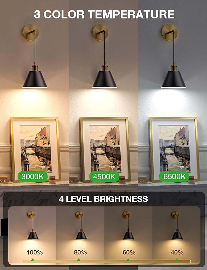 NIORSUN Gold & Black Battery Operated Wall Sconce Set of 2, 5200mAh Dimmable Detachable Bulbs and Remote Wireless Rechargeable Wall Lights, 9 Colors Sconces Wall Decor for Bedroom Living Room Hallway