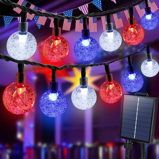 Joomer Red White Blue Solar String Lights,39FT 60LED 4th of July Decor | with 8 Lighting Modes Waterproof, Solar Powered Fairy Lights for Independence Day Yard Gazebo BBQ Patriotic Party Decorations