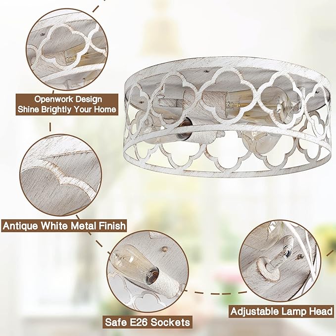 Flush Mount Ceiling Light,13-inch Ceiling Light Fixture,3-Light Kitchen Light Fixtures,Rustic Antique White Finish,Farmhouse Light Fixtures for Bedroom,Living Room,Kitchen,Hallway and Foyer