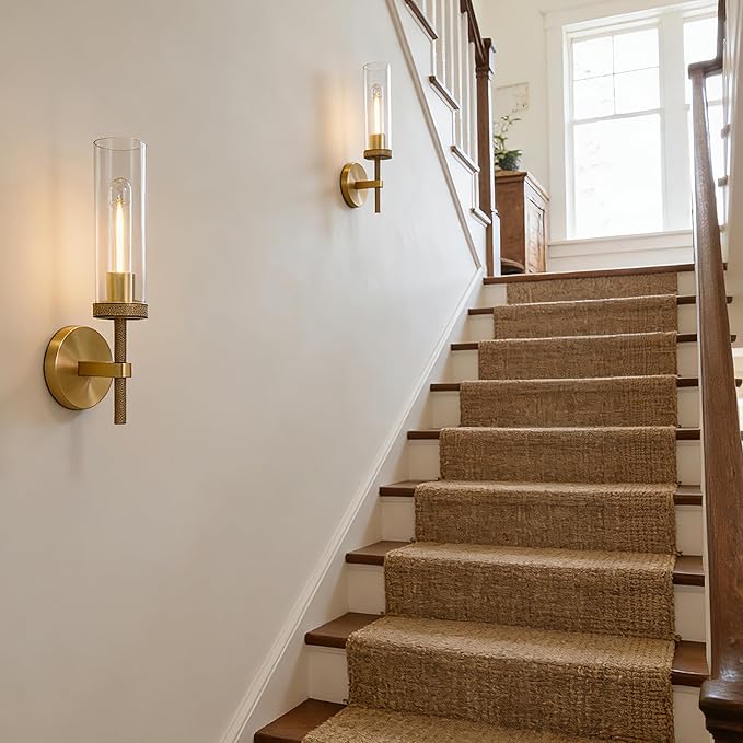 Brass Wall Sconces Lights Indoors, 14" Knurled Linear Sconce, Gold Bathroom Wall Sconces, Glass Tube Vanity Sconces Wall Lighting, Wall Lights for Mirror, Living Room, Bedroom, Hallway