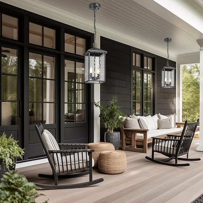 Large Outdoor Pendant Light Black Hanging Light Fixture Ceiling Mount 2-Light Dusk to Dawn, Modern Large Outdoor Chandelier Exterior Pendant Lights with Water Ripple Glass for Porch Patio