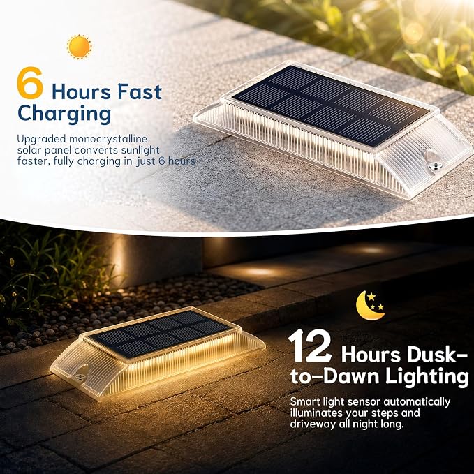 Solar Step Lights Outdoor, 2 Colors in 1 LED Stair Lights | 6 Pack Waterproof Screw Mount Deck Step Lights for Stairs, Patio, Garden, Walkway (White/Warm White)
