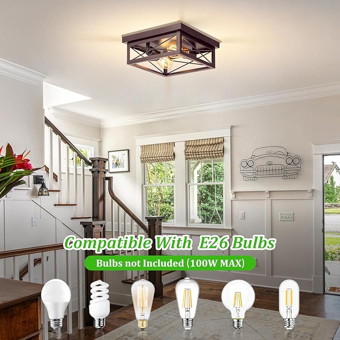Brown Hallway Light Fixtures Ceiling, 2-Light Farmhouse Industrial Flush Mount Ceiling Lights, 2-Pack Modern Metal Kitchen Light Fixtures, Close to Ceiling Lights for Bedroom Living Room Entryway