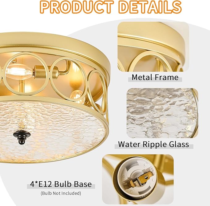 4-Light Flush Mount Ceiling Light Fixtures,15.2in Gold Metal Farmhouse Ceiling Lighting with Clear Glass & E12 Socket,for Kitchen Island, Bedroom, Entryway, Dining Room
