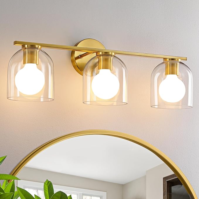 WOSHITU Bathroom Vanity Light Fixtures: 23.3 Inch Modern Brushed Gold Bathroom Light Fixtures Over Mirror with Clear Glass Shade, 3-Light Bathroom Lights Above Mirror