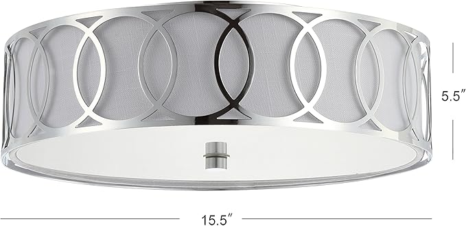 JONATHAN Y 13.25" Chrome Modern Metal LED Flush Mount Ceiling Light for Bedroom Hallway, White Linen Drum Shade with Geometric Fretwork, LED Bulbs Included (JYL3503B)