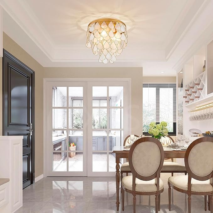 3-Light Teardrop Capiz Shell Ceiling Light, Coastal Design Flushmount Close to Ceiling Light for Kitchen, Dining Room & Bedroom, D11 * H11 inch, Gold Finish