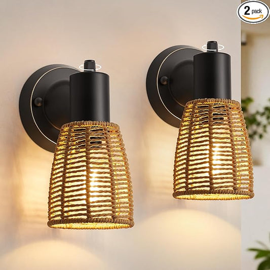 EJIAXIN Boho Rattan Wall Sconces Set of 2 - Vanity Lights for Bathroom Farmhouse Wall Light Fixtures with Rotary Switch - Black Indoor Wall Mount Lighting Rustic Lamp for Bedroom Living Room Hallway