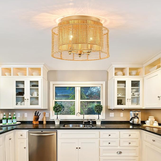 hesoge Boho Rattan Semi Flush Mount Ceiling Light Vintage Gold Ceiling Light Fixture 4 Light Round Chandelire for Farmhouse Bedroom Entryway Kitchen Foyer Dining Room