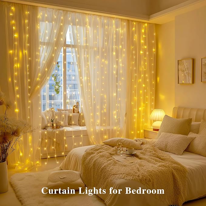 JMEXSUSS 200 LED Curtain Lights Battery Operated & USB Plug in, 8 Modes Warm White Curtain Hanging String Lights Indoor Outdoor for Bedroom Backdrop Wall Dorm Wedding Party Patio Christmas Decorations
