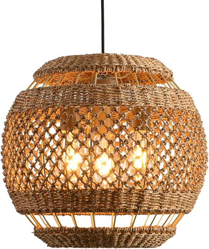 15.75" Rattan Pendant Light 3-Light Boho Seagrass Hanging Light Hand Woven Water Plants Rattan Chandelier for Dining Living Bedroom Kitchen Farmhouse