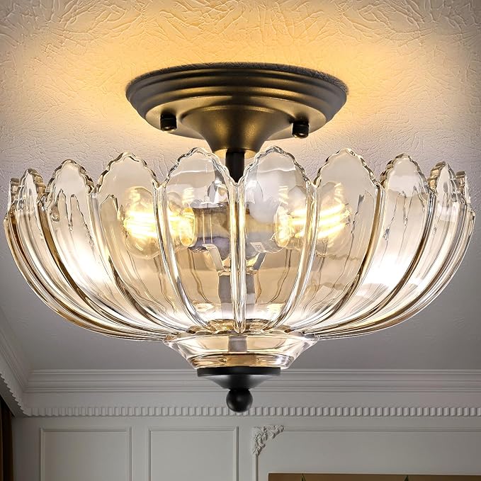 Cognac Glass Ceiling Light Fixture - Handmade Art Glass Semi Flush Mount Lighting, 3 E26 Base Vintage Chandelier with Rich Cognac Shade, Dimmable for Bedroom Kitchen Entryway