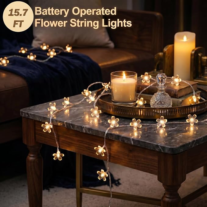 ITICdecor Flower String Lights 15 FT 30 LED Fairy Christmas Lights Battery Operated Indoor&Outdoor Twinkle Lighting Bedroom Decor for Party Wedding Xmas Tree (Warm White)