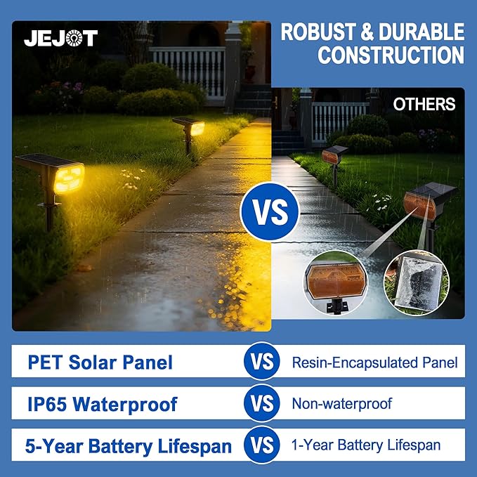 JEJOT Solar Lights Outdoor Waterproof IP65,Auto On/Off, 2700K 2 Lighting Modes, Super Bright LED, Solar Powered Yard Garden Solar Spot Lights for Outside Landscape -8 Pack