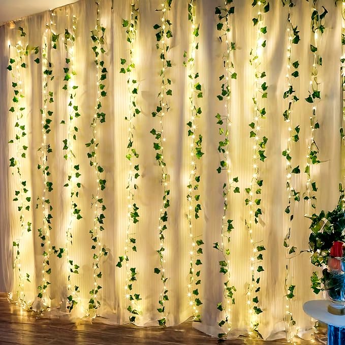 (New) 2 Pack Vines with Lights, 6.56FT 40 LED String Lights with Leaf, LED Artificial Vines with Fairy Light, 2 Modes Fake Vines Ivy String Lights for Bedroom, Wall, Room, Garden, Party Decoration