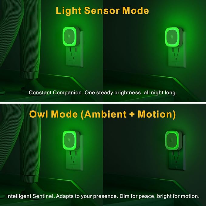 YUNLEX 2 Pack Plug in Night Light with Motion Sensor & Dusk to Dawn Sensor, 3 Sensor Modes, Auto ON/OFF, Dimmable Reflected Light, Calming Green LED for Home Office, Hallway, Bathroom, as Mother Gifts