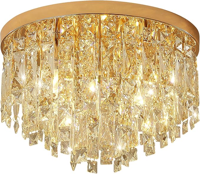 YMP&YZX Crystal Ceiling Light Fixture Flush Mount,15.7" French Gold Modern Crystal Chandelier with E12 Base Ceiling Lights for Bedroom Living Dining Room Hallway Closet Light Fixture 5-Light