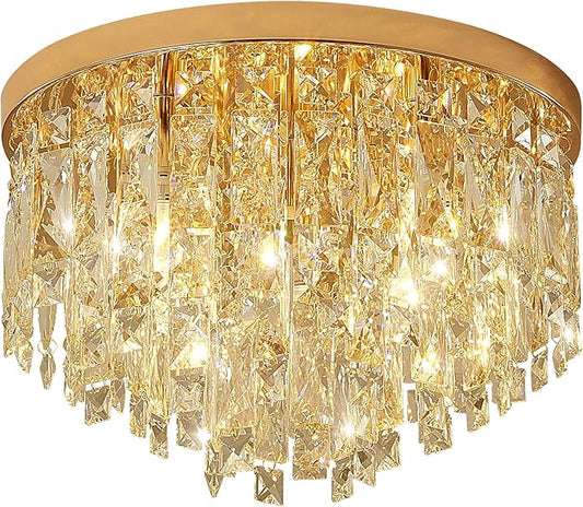 YMP&YZX Crystal Ceiling Light Fixture Flush Mount,15.7" French Gold Modern Crystal Chandelier with E12 Base Ceiling Lights for Bedroom Living Dining Room Hallway Closet Light Fixture 5-Light
