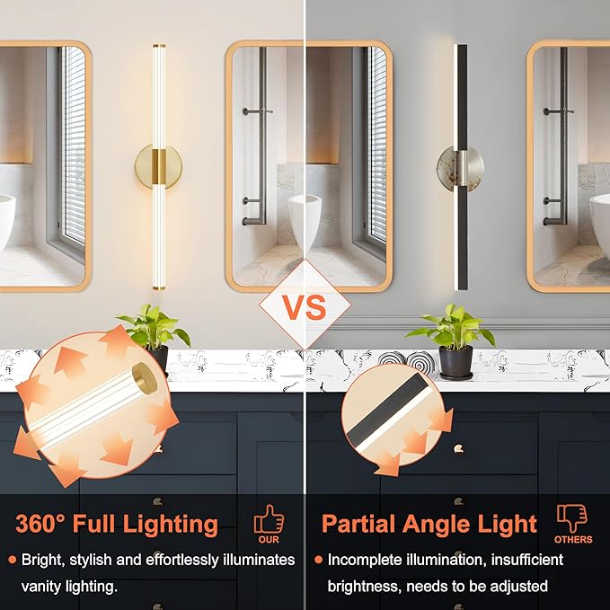 Gold Wall Sconces Set of Two Hardwired, Dimmable 5CCT LED Bathroom Light Fixtures Over Mirror, 360° Full Lighting 23 inch Vanity Light Bar Modern Wall Sconce for Bathroom Bedroom Living Room