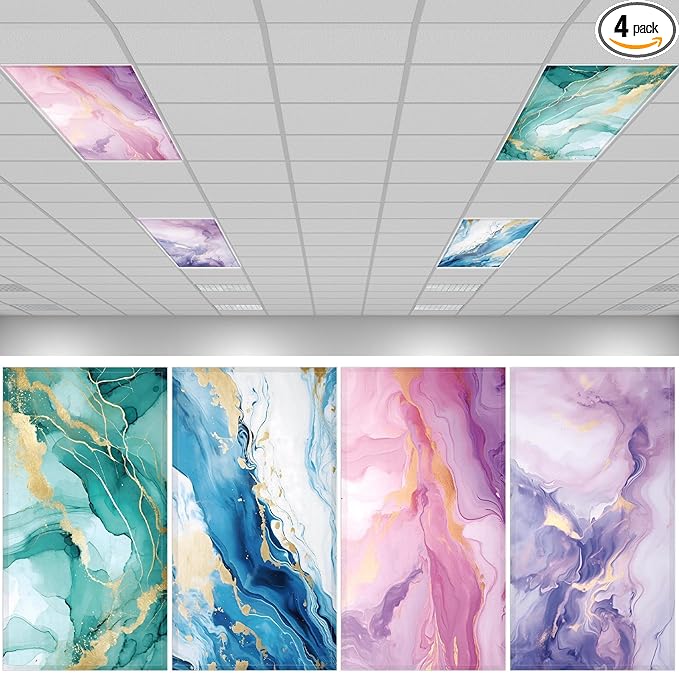 QOUBAI 4PCS Fluorescent Light Covers, 4x2 Feet Magnetic Light Cover Fluorescent Lights Shade Panel Positive Inspirational Ceiling Lights Filters for Office Classroom Home Drop Ceiling Marble