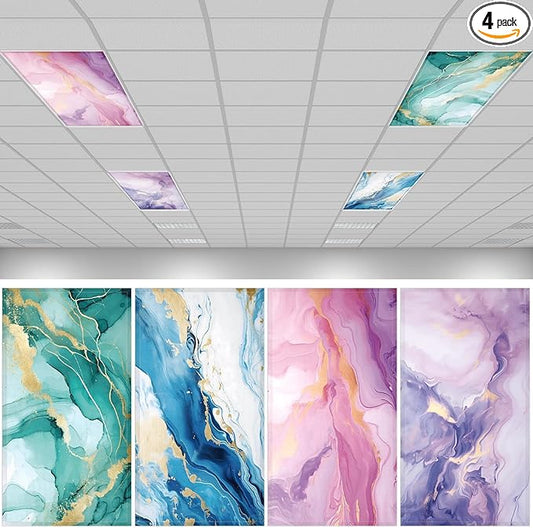 QOUBAI 4PCS Fluorescent Light Covers, 4x2 Feet Magnetic Light Cover Fluorescent Lights Shade Panel Positive Inspirational Ceiling Lights Filters for Office Classroom Home Drop Ceiling Marble