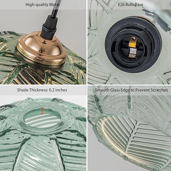 2 Pack Green Pendant Lights Kitchen Island, 8.6" Mid Century Modern Pendant Light Fixtures, Ribbed Glass Adjustable Farmhouse Hanging Lights for Dining Room Bedroom Hallway Entryway