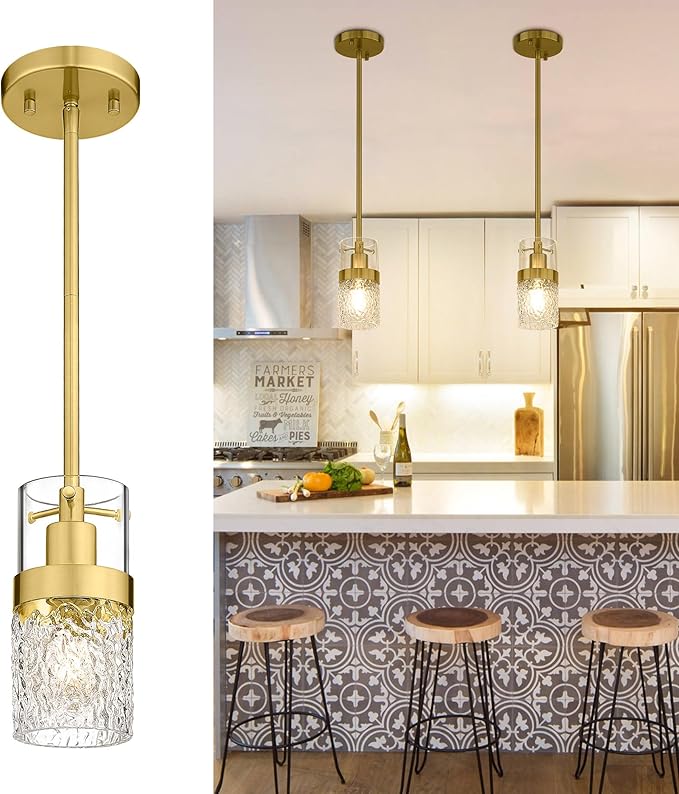 LMS Gold Pendant Light, 1-Light Pendant Lighting for Kitchen Island with Hammered Glass, LMS-171