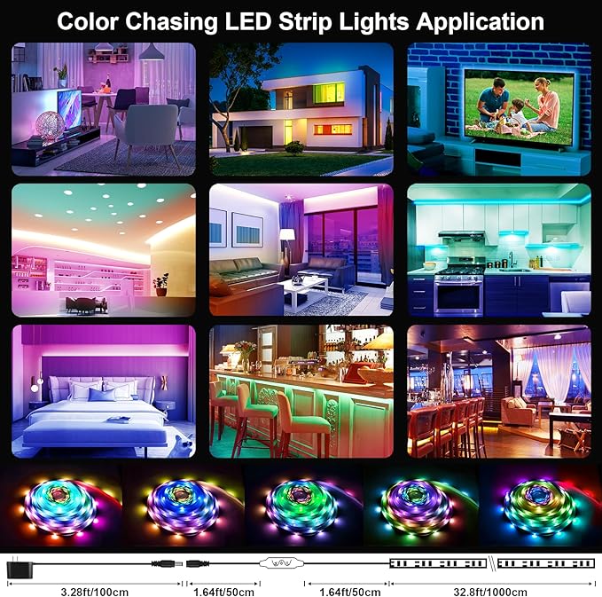 LED Strip Lights with Smart IC, 32.8Ft RGB IC LED Lights for Bedroom, App Control Color Changing Strip Light with Remote Music Sync for Home Game Room Kitchen Party Bar Indoor Lighting Decor