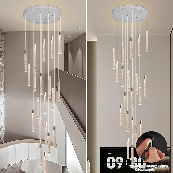 20-Light Chrome High Ceiling Chandeliers Modern Crystal Chandeliers for Entryway Long Spiral LED Dimmable Chandelier Flush Mount Ceiling Staircase Foyer Living Room Ceilings Light Fixture