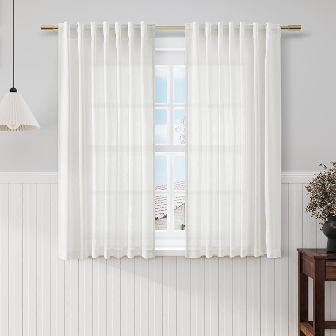 Nanspring Off White Cafe Curtains 54 Inch Length Set 2 Panel Back Tab Pocket Semi Sheer Short Linen White Curtain Tiers for Small Bathroom Window Basement 52x54