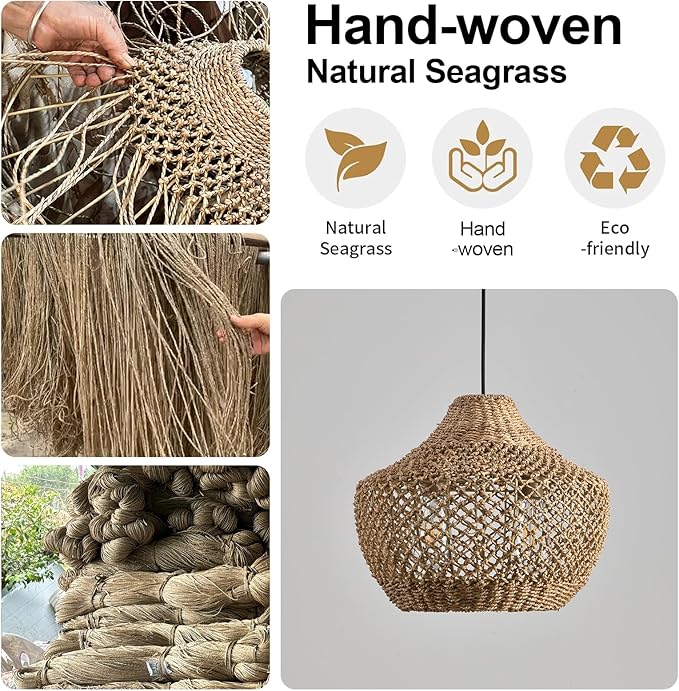 15.4" Rattan Pendant Light Fixtures,Boho Water Plants Pendant Light,2-Light Hand Woven Seagrass Chandelier for Workplace Occasions Restaurants Dining Living Bedroom Kitchen Farmhouse