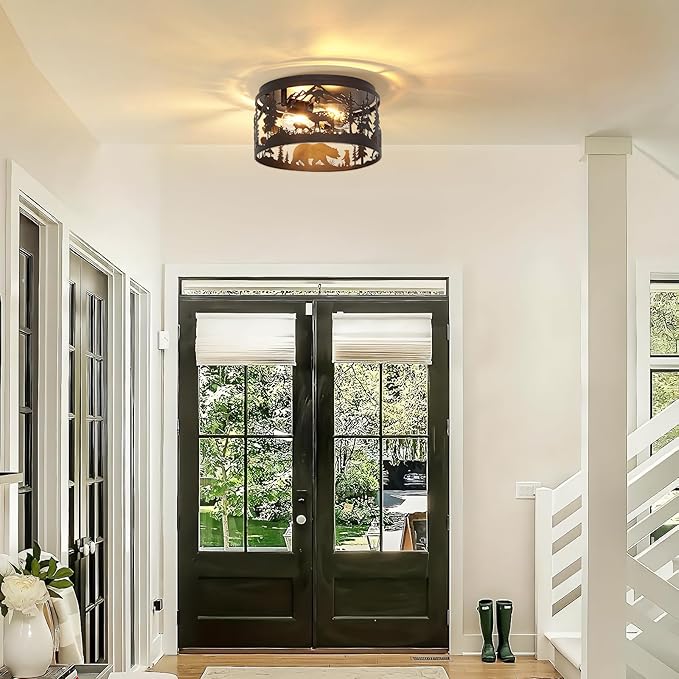 Rustic Farmhouse Flush Mount Ceiling Light with Deer & Bear Design, 2-Light E26 Round Metal Fixture for Kitchen, Bedroom, Foyer, Entryway, and Lodge (Bulbs Not Included)