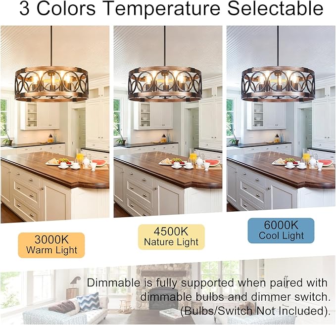 5 Light Light Fixtures Ceiling Mount 19.71" Flush Mount Ceiling Light,Height Adjustable Farmhouse Chandeliers for Dining Room Black Drum Chandelier Ceiling Hanging Pendant Light Fixture