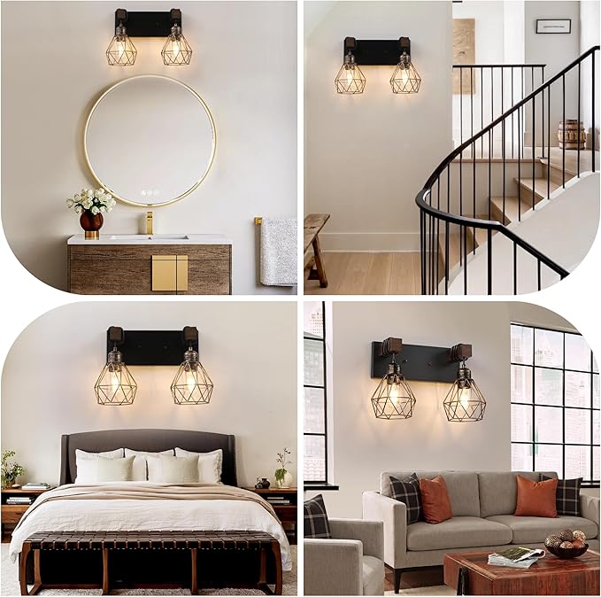 Farmhouse Vanity Light for Bathroom, 2-Light Black Gold Wood Bathroom Vanity Light Fixtures Over Mirror, Rustic Sconces Wall Lighting with Metal Lampshade for Living Room, Bedroom, Hallway