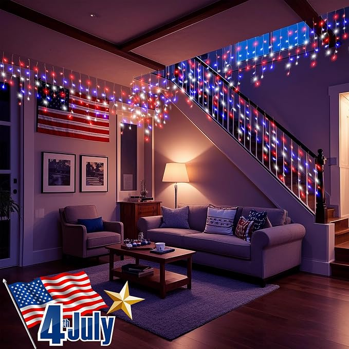 Red White and Blue Icicle Lights for Outside, 4th of July Decorations Independence Day Patriotic Lights, 33ft 400 LED with 75 Drops Clear Wire Connectable for Memorial Day Party Holiday
