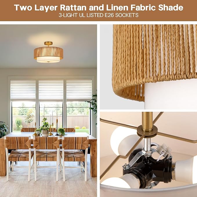 16'' Semi Flush Mount Ceiling Light Fixture, Boho Light Fixtures with 2-Tier Drum White Fabric Shade, 3-Light Farmhouse Rattan Drum Light Fixture for Bedroom, Living Room, Kitchen