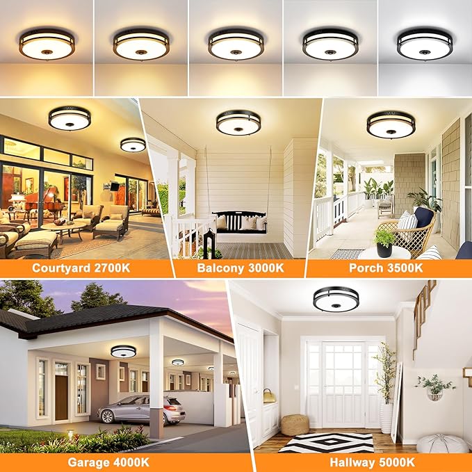 2 Pack 24W LED Motion Sensor Outdoor Ceiling Light, 12IN 2700K/3000K/3500K/4000K/5000K Adjustable Ceiling Lights, Dusk to Dawn Flush Mount LED Ceiling Light Fixture for Porch, Entryway, Garage