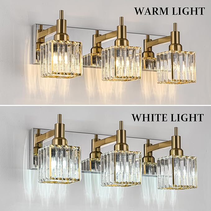 Crystal Bathroom Vanity Light Gold Chrome 3-Light Modern Bathroom Lighting Fixtures Over Mirror Square Wall Sconce