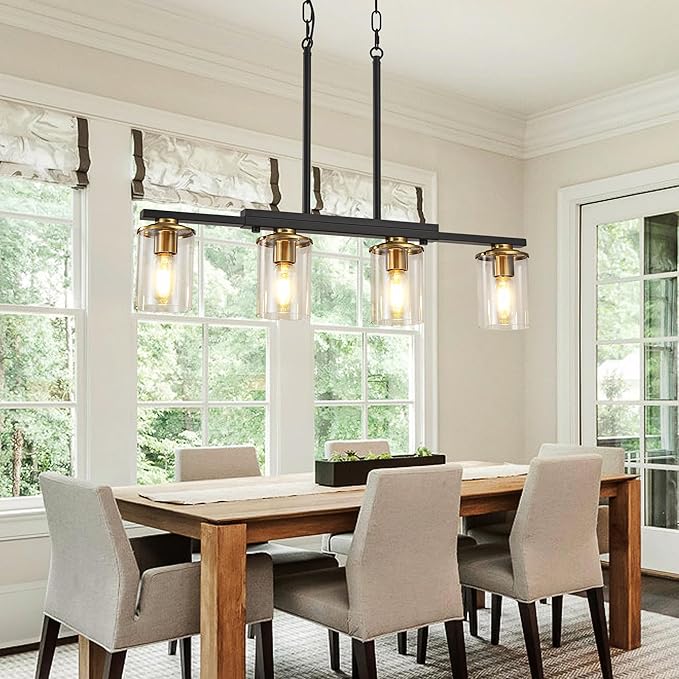 4-Light Kitchen Island Lighting,Dining Room Lights Modern Farmhouse Chandelier with Clear Glass Shade,Modern Rustic Black and Gold Metal Chandelier, Kitchen Pendant Light Fixtures Over Table