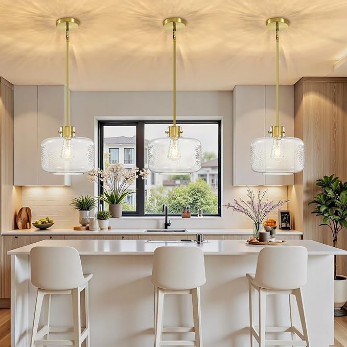 Glass Pendant Lights Kitchen Island, 9.84'' Brass Gold Pendant Lighting Fixtures, Modern Hanging Ceiling Light with Clear Hammered Glass Shade for Farmhouse Dining Room Bedroom Hallway(1 Pack)