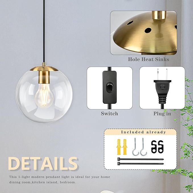 KoKo&Yukina 8" Globe Pendant Light Gold Plug in Pendant Light Adjustable Hanging Lights with Plug in Cord Brushed Gold Finished with Clear Glass Lampshade for Bedroom Kitchen Island（Bulb Included）
