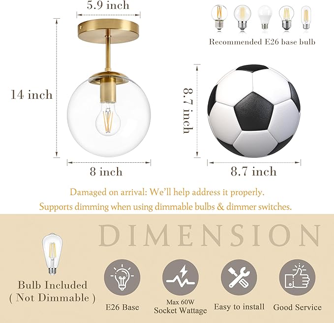 8 Inch Gold Semi Flush Mount Ceiling Light Fixture Clear Glass Globe Ceiling Light Fixture Modern Hallway Light Fixtures Mid Century Ceiling Light Brass Finish for Entryway Bedroom (Bulb Incl.)