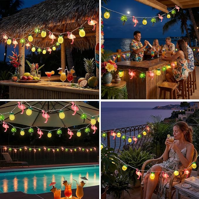 PASUTO Summer Beach Hawaiian String Lights, 10 LED Tropical String Lights, Hawaiian Tropical Beach Pool Party Decorations, Flamingo Pineapple Palm Tree Light Indoor Outdoor, Connectable Plug