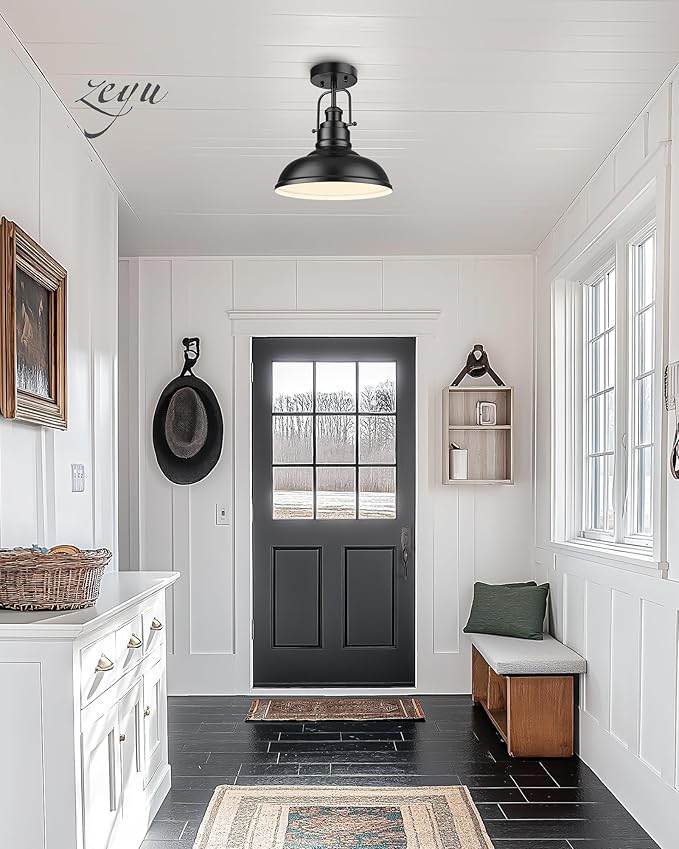 zeyu 11 Inch Semi Flush Mount Ceiling Light, 1-Light Industrial Ceiling Light Fixture for Hallway, Indoor, Matte Black Finish, ZY41-F BK