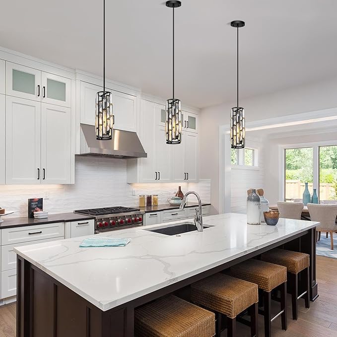 Black Pendant Lights Kitchen Island 3 Pack, Mini Crystal Chandeliers, Modern Pendant Lights Ceiling Lighting Fixtures for Kitchen Island, Dinning Room, Bedroom