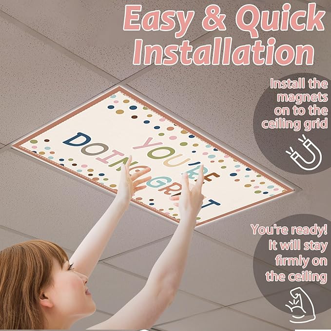 8 Pcs Fluorescent Light Covers for Classroom Ceiling Light 4 x 2 Feet Decorative Magnetic Lights Cover Filters Easy Install for School Office Home Hospitals Drop Ceiling Supplies (Boho Motivational)