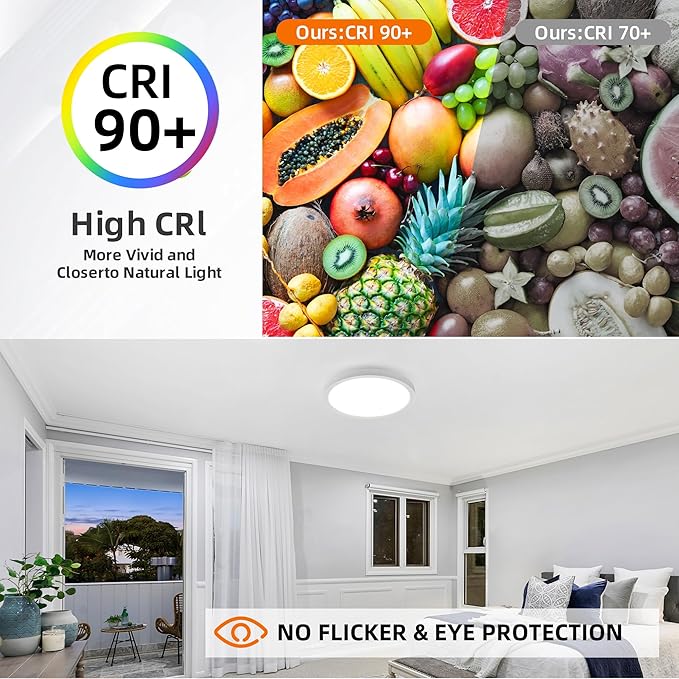 Hlite 12 Inch Flush Mount LED Ceiling Light with Night Light, 24W, 2400lm, Selectable 3000K/4000K/5000K, Flat Lights for Bedroom, Kitchen, White (2Pack)